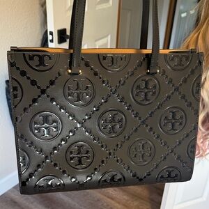 Black Embossed Logo Tote with Top Handles